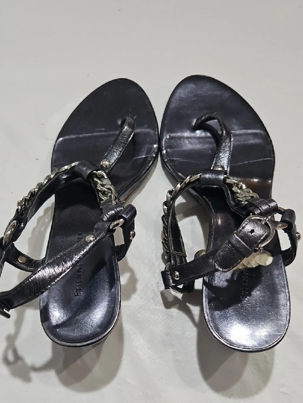 Etienne Aigner Black Wedge Sandals with Chain Trim